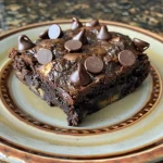 Close-up view of moist banana brownies with a rich chocolate color.