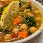 Close-up view of a bowl of Lemony Greek Chickpea Soup with vibrant colors and garnishes.