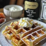 Close-up view of gluten-free cottage cheese waffles topped with smoked salmon and crème fraîche.