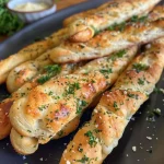 Close-up view of golden brown homemade garlic breadsticks with a buttery glaze and Italian herbs.