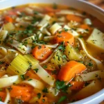 Close-up view of a steaming bowl of vegetable noodle soup topped with fresh parsley and vibrant vegetables.