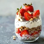 Close-up view of a strawberry chia yogurt parfait with layers of strawberries, yogurt, and almonds.