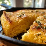 Close-up view of golden-brown stovetop cornbread in a pan.