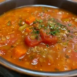 Close-up view of a vibrant bowl of Tomato Lentil Soup garnished with fresh herbs.