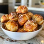 A close-up of freshly baked pretzel bites, golden brown and sprinkled with coarse salt.