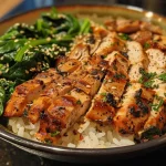 A close-up view of a turkey and spinach rice bowl featuring succulent turkey chunks, fresh spinach, and fluffy rice.