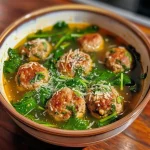 Close-up of a bowl of Turkey Meatball Spinach Soup with visible turkey meatballs and fresh spinach.