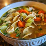 Close-up side view of a steaming bowl of Classic Chicken Noodle Soup, showcasing vibrant vegetables and noodles.