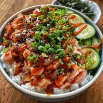 Close-up of a spicy tuna rice bowl with vibrant colors and textures.