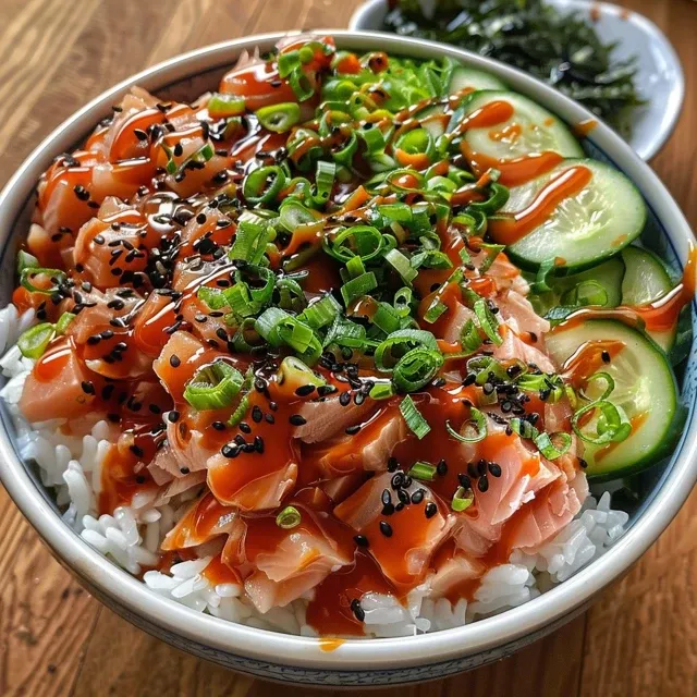 Close-up of a spicy tuna rice bowl with vibrant colors and textures.