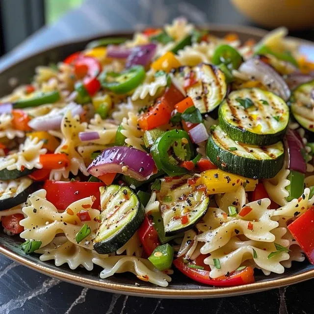 A vibrant bowl of grilled vegetable pasta salad featuring colorful veggies and bowtie pasta.