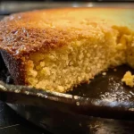 Close-up view of golden-brown skillet cornbread with a crispy crust.