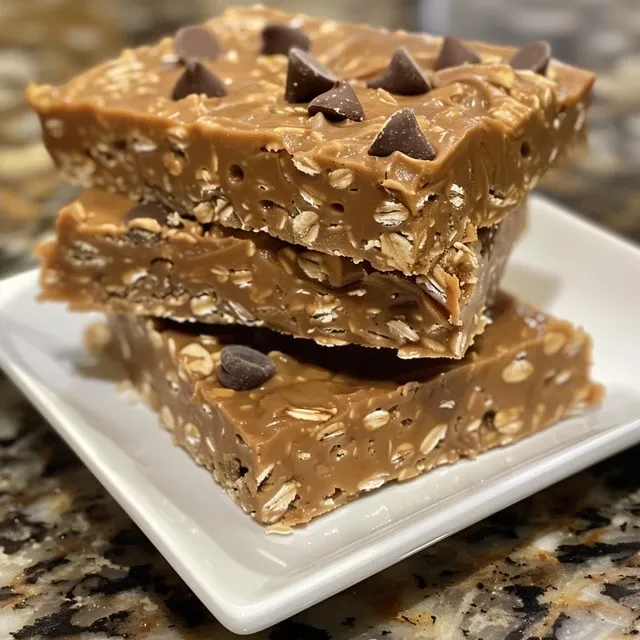 Side view of No Bake Peanut Butter Oatmeal Bars stacked with a slice cut out.