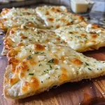 Close-up of golden brown cheesy tortilla garlic bread with melted cheese.