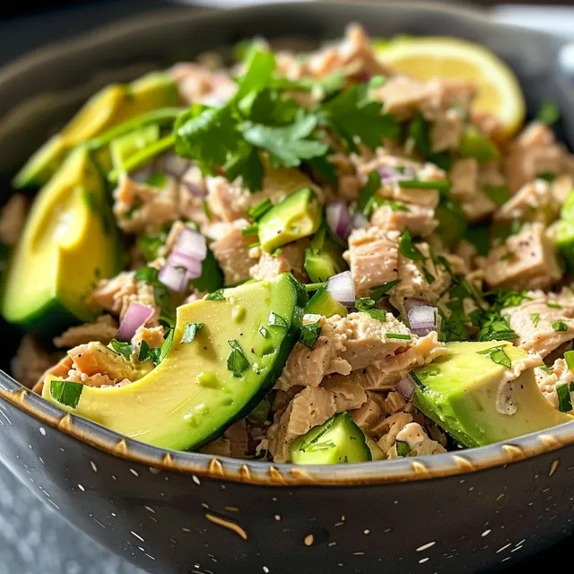 Close-up view of a colorful avocado tuna salad in a bowl.