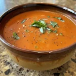 A close-up view of creamy tomato basil soup in a bowl, garnished with fresh basil leaves and croutons.