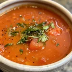 Close-up of a steaming bowl of rich tomato basil soup garnished with fresh basil.