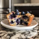 Close-up of a blueberry protein muffin, showcasing its texture and juicy blueberries.