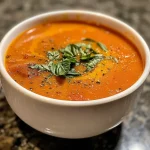 A close-up side view of a creamy bowl of roasted tomato basil soup, garnished with fresh basil.