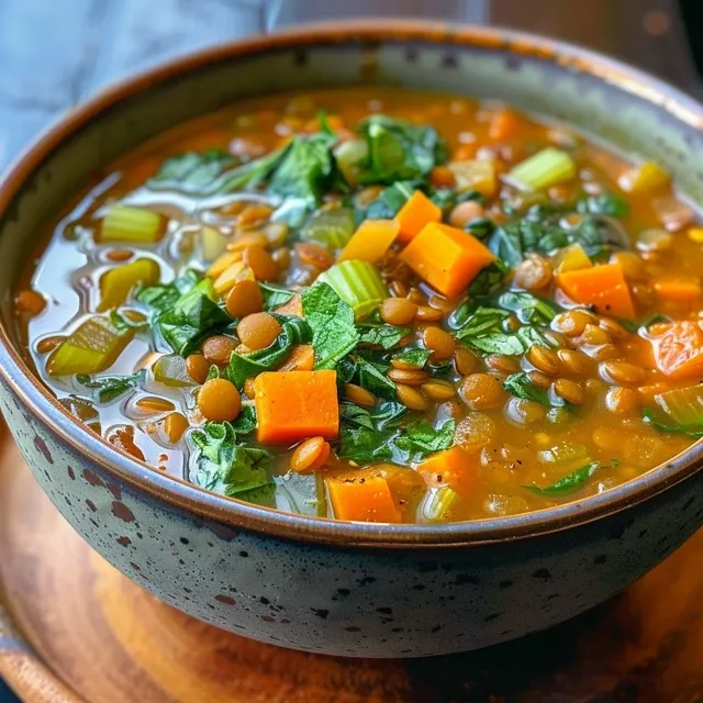 Side shot of a rich, chunky lentil soup in a bowl, showcasing colorful vegetables and spices.