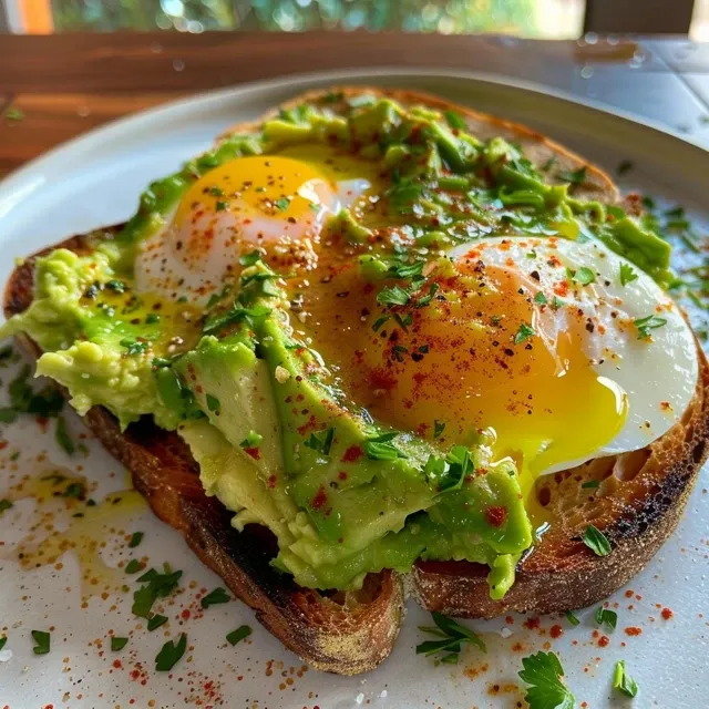 Juicy avocado spread on whole-grain toast with a pair of sunny-side-up eggs, served with fresh greens.