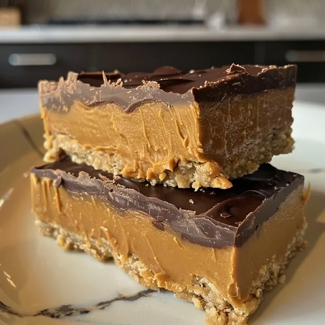 Side profile of a No Bake Peanut Butter Bar showcasing its layers of peanut butter and dark chocolate.