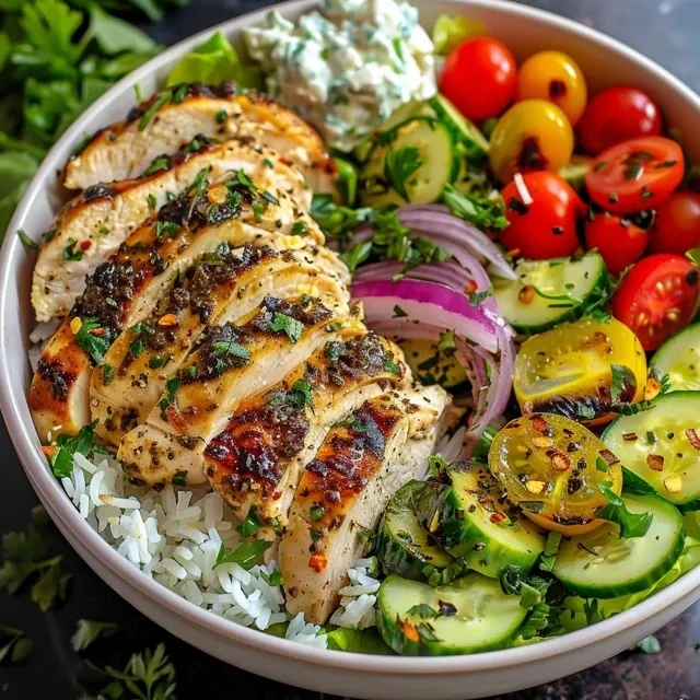 Juicy chicken breast pieces on a bed of rice drizzled with a rich garlic sauce.