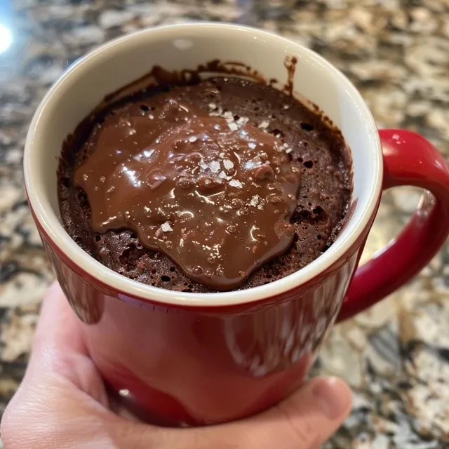 Side view of a moist chocolate mug cake served in a white mug on a wooden table.