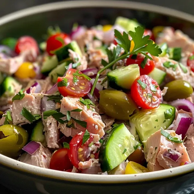 Side view of a bowl filled with Mediterranean tuna salad featuring tuna, vegetables, and herbs.