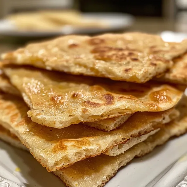 Side view of freshly cooked gluten-free flatbread on a plate, with a golden crust.