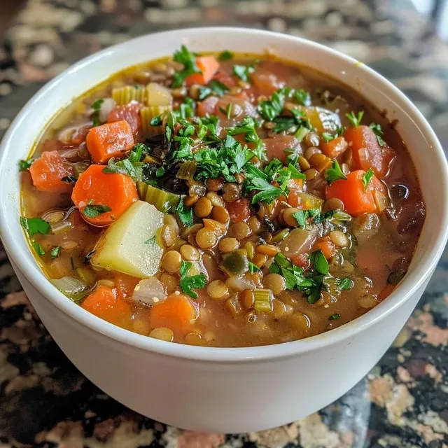 Side angle of a bowl filled with vibrant vegan lentil soup, highlighting its chunky texture.