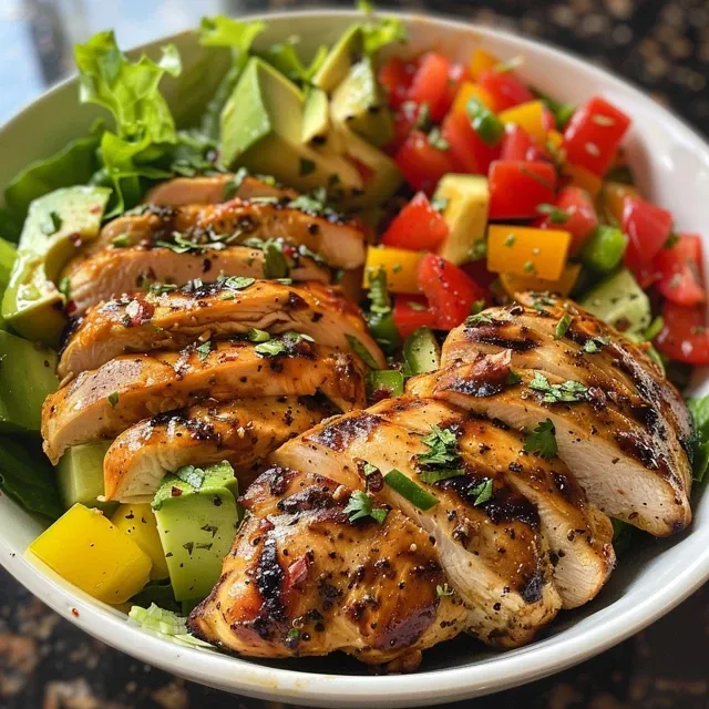 Side angle of a delicious Grilled Chicken Power Bowl showcasing vibrant vegetables.