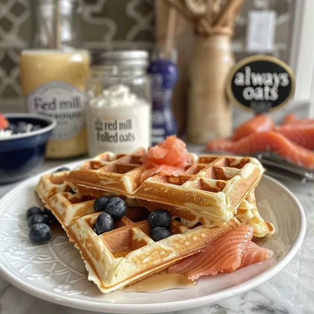 Side view of fluffy gluten-free cottage cheese waffles garnished with honey and smoked salmon.