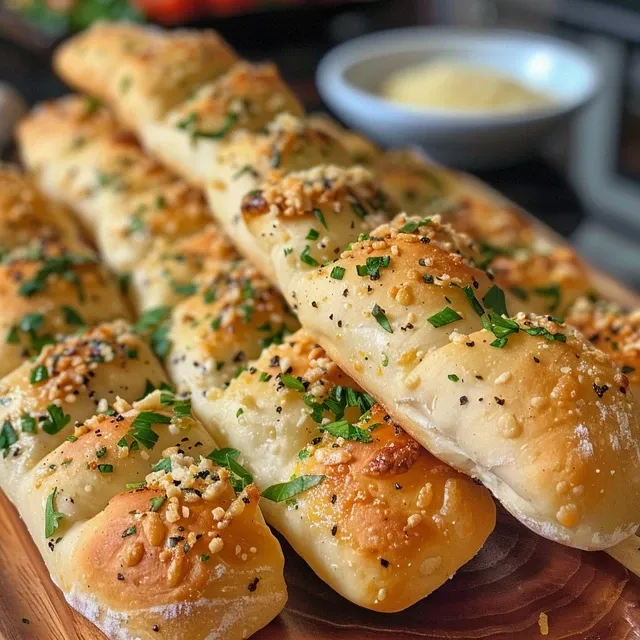 Side view of freshly baked garlic breadsticks, glistening with a melted butter sheen and sprinkled with herbs.