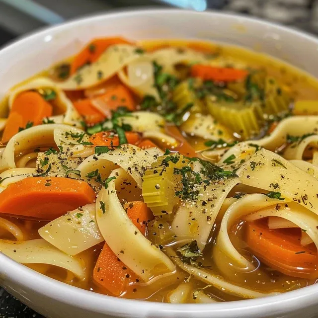 Side view of a delicious vegetable noodle soup with elbow macaroni, carrots, celery, and zucchini in a rich broth.