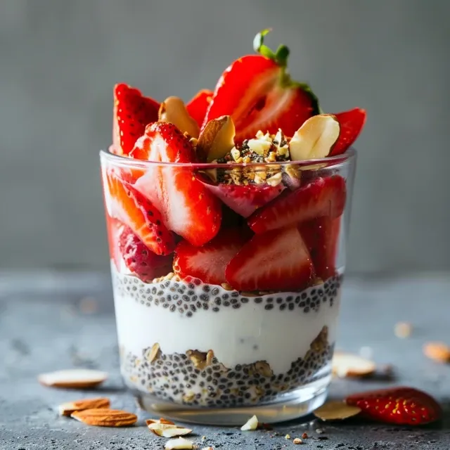 Side view of a delicious parfait featuring Greek yogurt, chia seeds, and fresh strawberries.