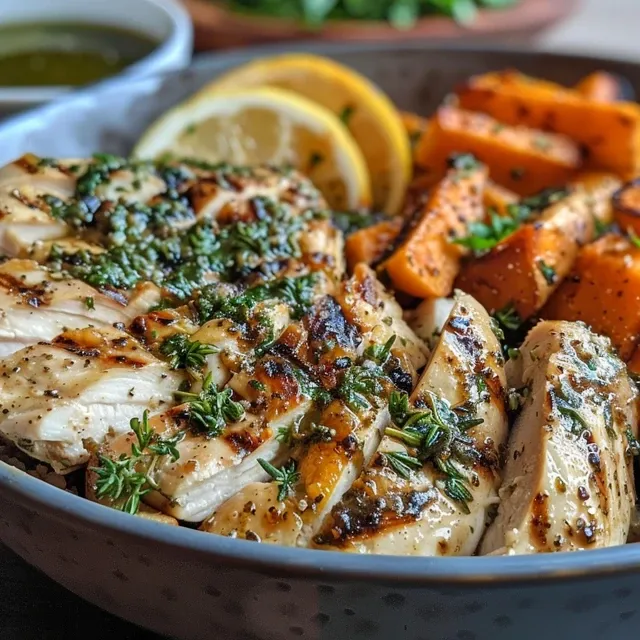 Juicy grilled chicken on a bed of herbs alongside crispy sweet potato fries.