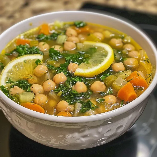 A side view of a steaming bowl of Lemony Greek Chickpea Soup with visible chickpeas, greens, and lemon slices.