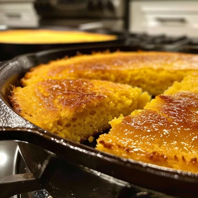 Side view of a fluffy piece of cornbread resting in a skillet.