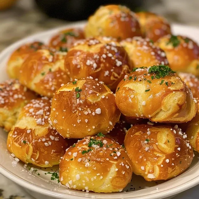 Side view of soft and chewy pretzel bites, glistening with melted butter.