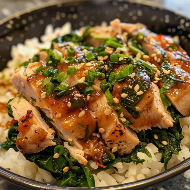 A side view of a colorful rice bowl filled with turkey, wilted spinach, and grains, showcasing vibrant ingredients.