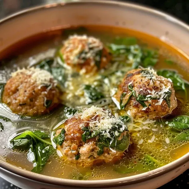Delicious Turkey Meatball and Spinach Soup served in a rustic bowl, showing juicy meatballs and vibrant greens.