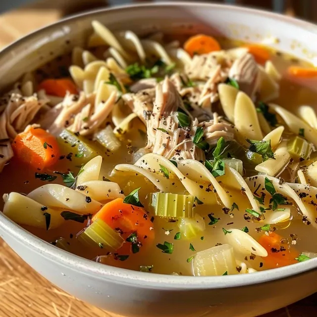 A bowl of Classic Chicken Noodle Soup with pieces of chicken, colorful carrots, and herbs visible, captured with an iPhone.