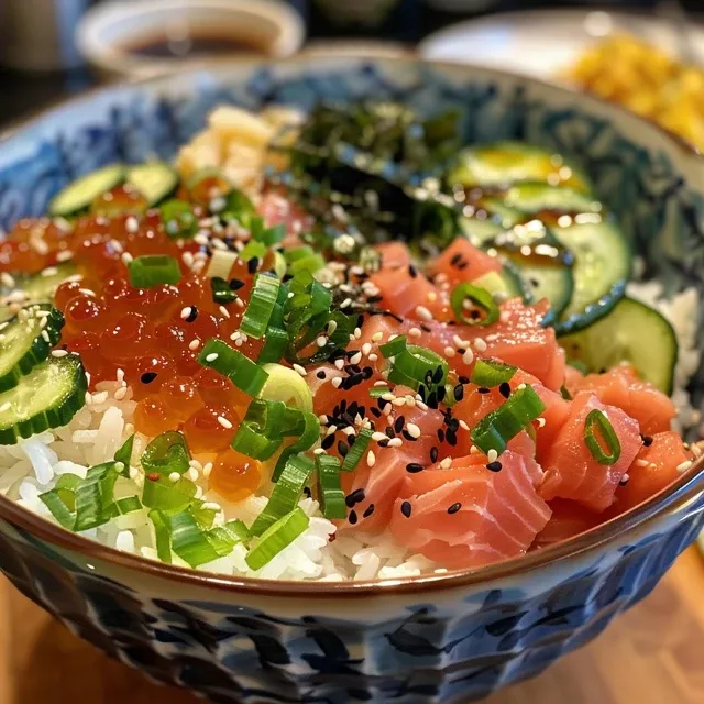 Side view of a homemade spicy tuna rice bowl garnished with green onions and sesame seeds.
