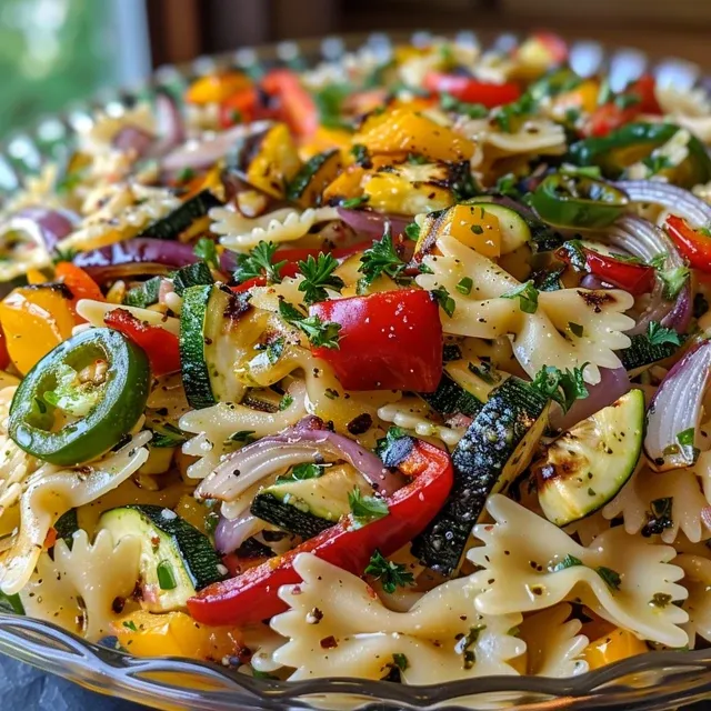 Close-up view of grilled vegetable pasta salad with zucchini, bell peppers, and aromatics.