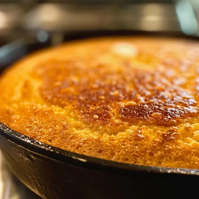 Side view of freshly baked cornbread in a cast iron skillet, showing its texture.