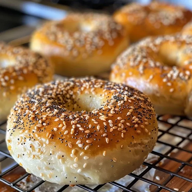 Side view of delicious everything bagels topped with sesame seeds, poppy seeds, garlic, and onion.