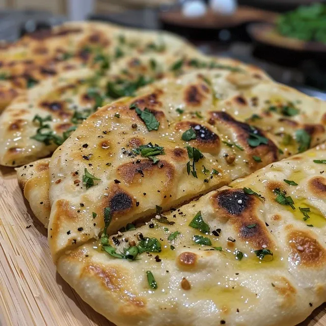 Side angle of freshly made yogurt flatbread, showing its soft layers.