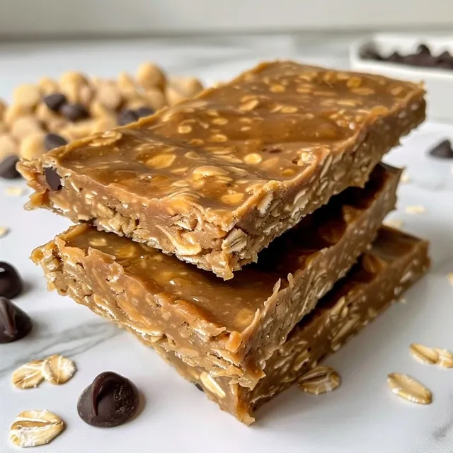 Close-up shot of No Bake Peanut Butter Oatmeal Bars showcasing chocolate chips.