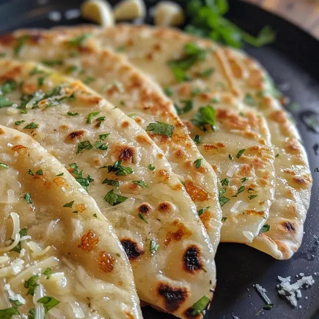 Side view of air-fried tortilla garlic bread topped with cheese and herbs.
